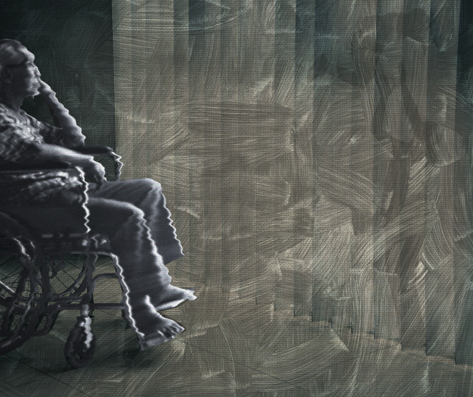Somber artistic image of an elderly person in a wheelchair, head in hand, pensive. Glitch effect conveys isolation, mental health issues, and difficulties of aging.